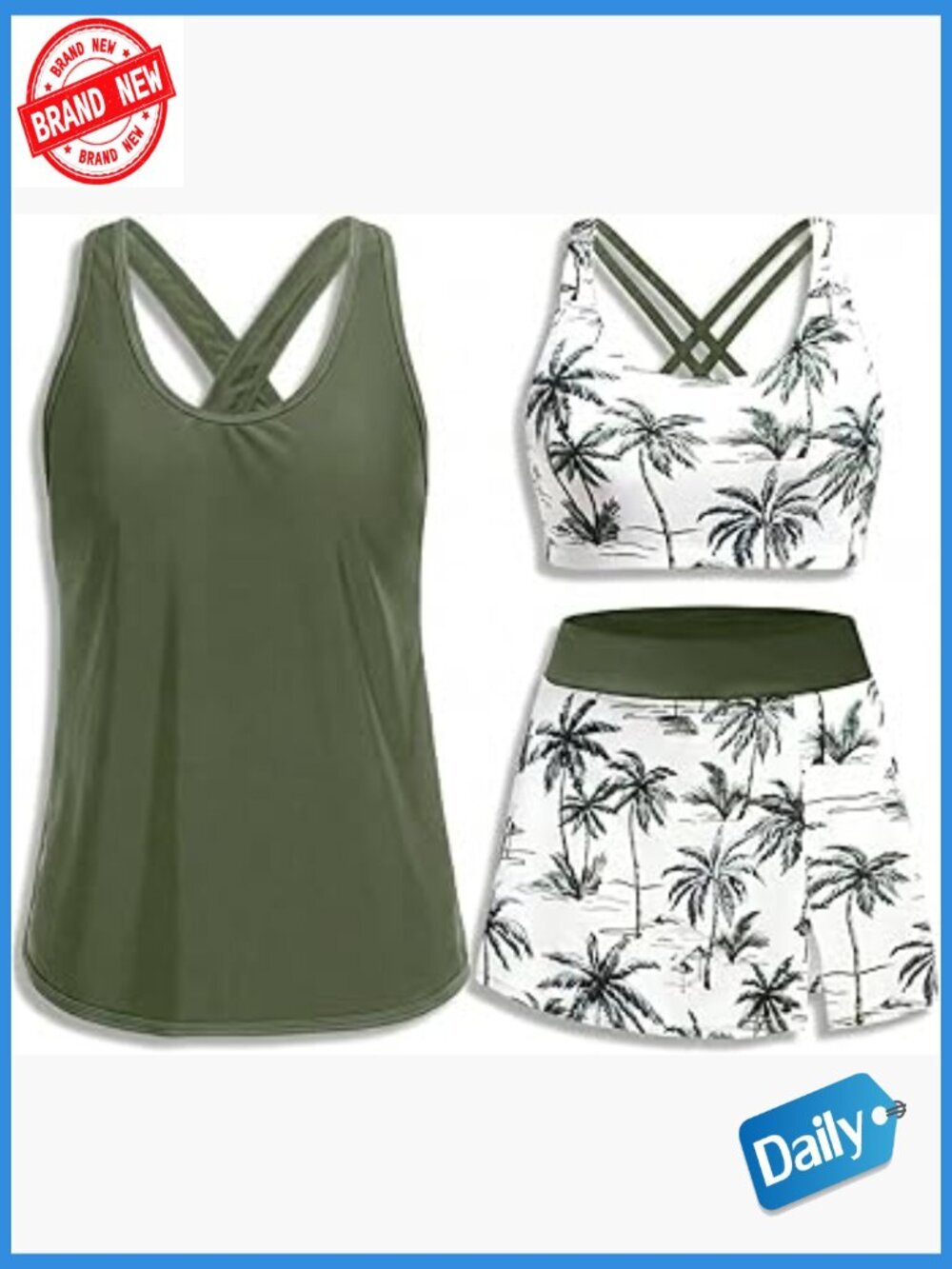 3 Piece Tankini with Skirt - Tummy Control Swim Top Sport Bra